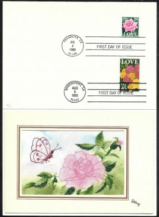 1988 Love Set 2378 - 9 Fdc - Hand Embroidered Silk Cachet By Kitty Gallup