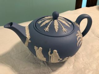 Vintage Wedgwood England Blue & White Jasperware Large 5 " Teapot W/ Lid