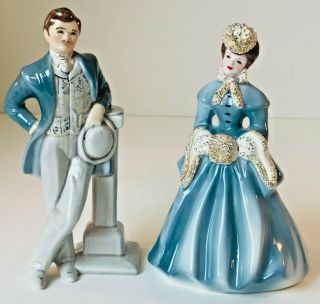 Vintage Pair Florence Ceramics Pasadena Elaine & Jim 6.  25 " Figurines In Blue