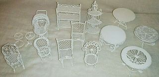 Vintage Metal Wire Wicker Miniature Doll House Furniture Chairs Tables Shelves 2