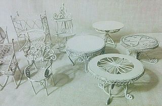 Vintage Metal Wire Wicker Miniature Doll House Furniture Chairs Tables Shelves 3