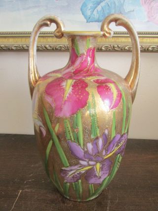 Vintage Japanese Porcelain Hand Painted Handled Gold Vase Moriage Irises