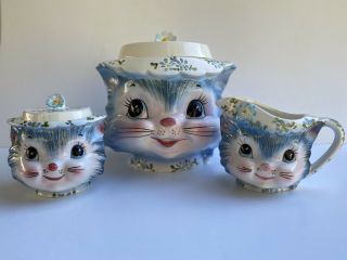 Vintage Miss Priss Blue Cat Cookie Jar,  Sugar & Creamer Lefton Japan Ceramic