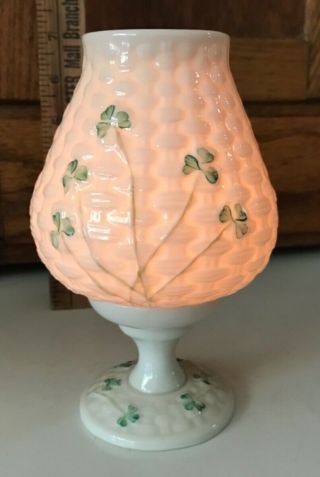 Belleek Irish Shamrock Basket Weave Tea Light Hurricane Lamp Candle Clover Leaf
