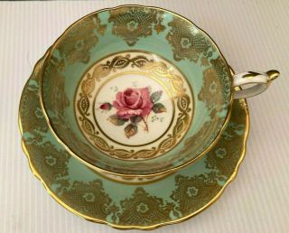 Paragon Fine Bone China Cup & Saucer Blue With Pink Cabbage Rose Bouquet Vintage