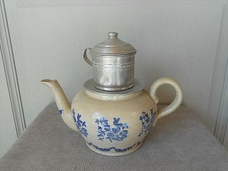 Antique French Pottery Coffee Tea Pot W/ Blue Florals Pattern