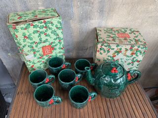 Vtg Nos Christmas Lefton Holly Berry 6 Mugs & Teapot Set 1366 & 1357
