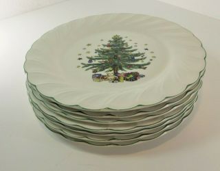 7 Nikko Happy Holidays Christmas Tree Dinner Plates - - Swirl Green Trim 10 3/4 "
