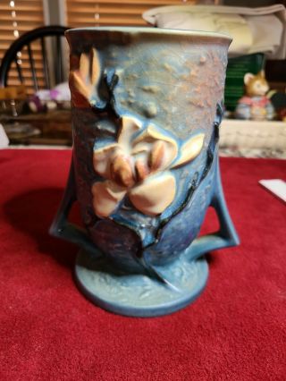 Vintage Roseville Pottery Vase Blue Magnolia Double Handled Flower Vase 87 - 6