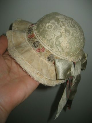 Vintage Old Handmade Lace And Silk Brim Hat For Antique Doll Size 10 - 11