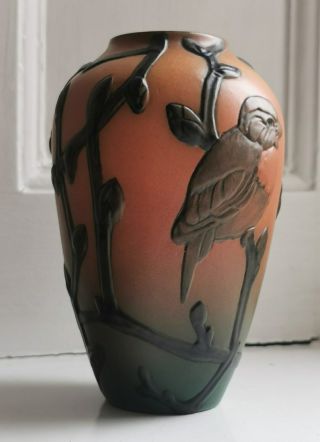 Rare vgt.  Art Nouveau P.  Ipsen pottery vase with bird and branch decorations 2