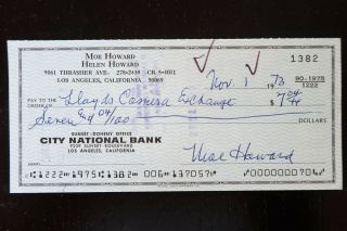 Moe Howard Three Stooges Signed Check.  100.