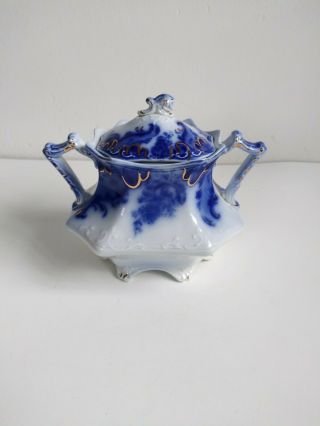 Antique Flow Blue White Argyle Porcelain Lidded Sugar Bowl Handles Wh Grindley