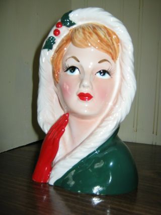 Vintage Relpo 7 1/4 " Christmas Lady Head Vase In