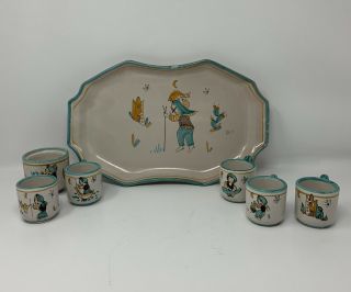 Vintage Vietri Signed Italian Art Pottery Tray Demitasse Or Espresso Cups Bowl