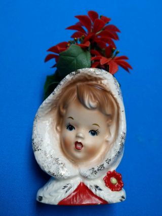 Vintage Christmas Lady Head Vase Inarco E - 1274 With Flowers
