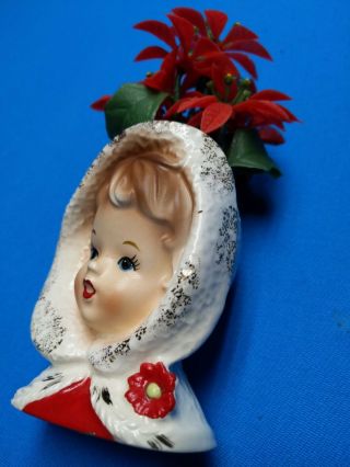 Vintage Christmas Lady Head Vase Inarco E - 1274 with Flowers 2