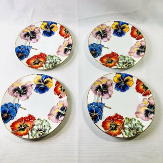 Fitz And Floyd Pansies Bread Plates Set Of 4 White Background 6.  5 In Vintage