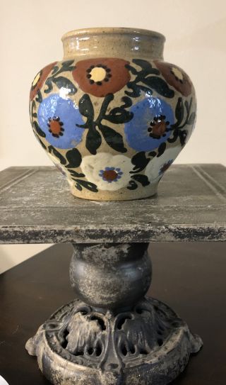 Antique Elchinger Et Cie Flower Poppies Pottery Vase Tan White Blue Caramel 5”
