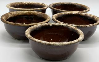 5 Vintage Hull Pottery Usa Brown Drip Glaze Cereal Bowls Mcm