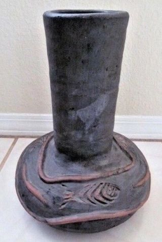 Vintage Signed Heavy Large Grey Studio Pottery Vase - Brutalist Three Fish Design