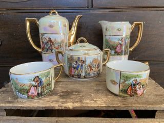Vintage Porcelain Tea Coffee Set Czechoslovakia Iridescent Gold Trim Holiday