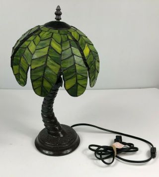 Vintage Tiffany Style Green Stained Slag? Glass Lamp Heavy Base 16 "