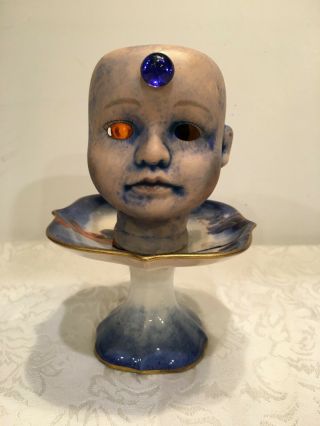 Scary Unique Art Doll Head With Blue Stone