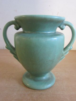 Antique Arts & Crafts Studio Pottery Matte Green Double Handle Vase 7.  75 "