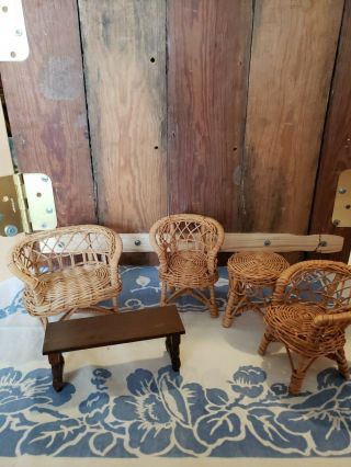 Vintage 5 Pc Set Wicker Doll Barbie Furniture Love Seat 2 Chairs 2 Tables