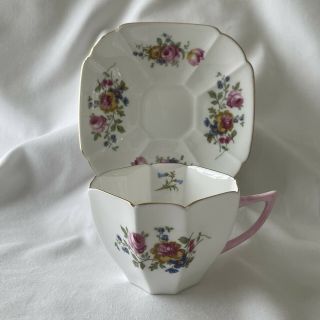 Deco Vintage Shelley Queen Anne Pink Rose Forget Me Not Bouquet Tea Cup & Saucer