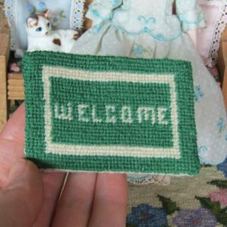 Vtg Artisan Dollhouse Petit Point Welcome Mat Miniature Needlepoint Carpet Rug