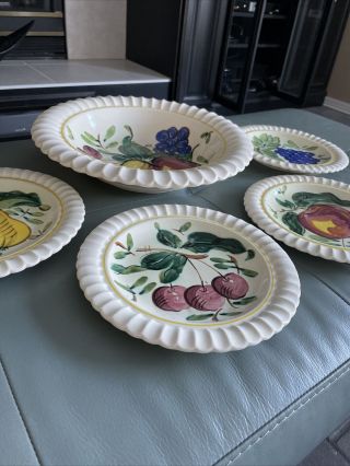 Vintage Red Wing Pottery 4 Luncheon Plates And Serving Bowl Fruit Hand Painted