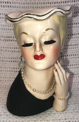 Vintage 1956 6 " Napco Head Vase Lady With Pearls Black Shirt Blonde Hair C2636b
