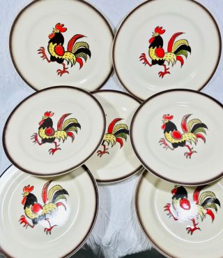 7 Vintage Metlox Poppytrail Red Rooster Dinner Plates 10 " Brown Rim,  1 Platter