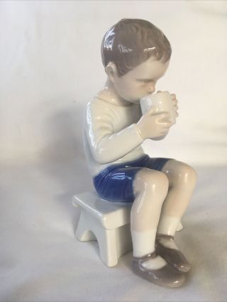 Bing Grondahl B&g Figurine 1713 Victor Young Boy On Bench Drinking Milk Cup