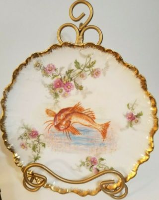 Antique Limoges Hand Painted Plate With Fish 9 " Euc