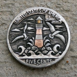 Hobo Nickel Lighthouse Shine Hand Engraved Carved 1936 Buffalo Coin Nautical Art