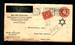 Ph62a U.  S.  Cover 1932 Po Dead Letter Parcel Post Postage Due Wash.  D.  C.  To Miami