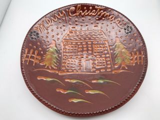 Foltz Pottery Redware Santa Merry Christmas Plate Signed 9.  5” 1986 Unique Euc