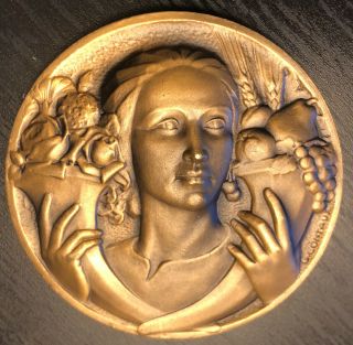 Gorgeous Art Deco Nouveau French Bronze Award Medal By G.  Contaux,  Cornucopia