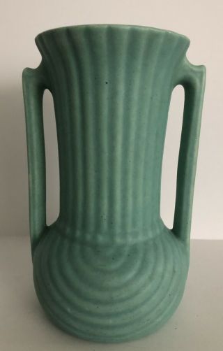 Rare Early Haeger Art Deco Matte Turquoise Vase 7.  5” Tall Double Handles