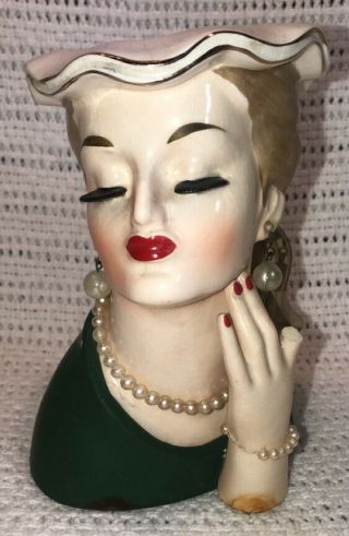 Vintage 1956 6 " Napco Head Vase Lady With Pearls Green Shirt Brown Hair C2636b