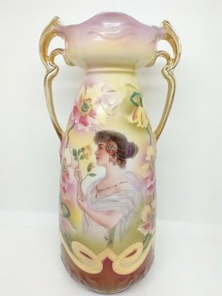 Prov Sax Es Prussia Portrait Vase Gibson Girl Rose Gold Hand Painted Flowers 11 "