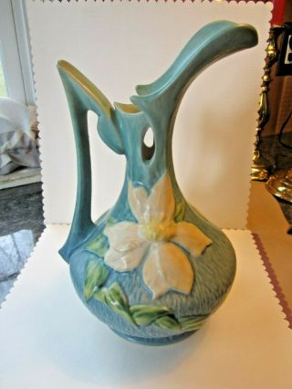 Vintage Roseville Clematis Ewer Pitcher Vase Blue 17 - 10 White