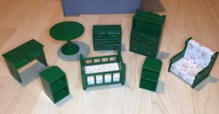 Sylvanian Families Green Furniture Large Bundle,  Cot,  Chair,  Table,  Drawers