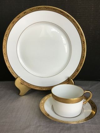 3 Pc Ceralene Raynaud Limoges Ambassador Gold Dinner Plate Flat Cup Saucer