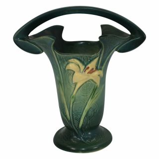 Vintage Roseville Pottery Zephyr Lily Green Basket 395 - 10