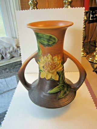 Vintage Roseville Waterlily Vase 80 - 10 Brown Double Handle