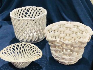 Grouping Of 3 Italian Majolica Blanc De Chine Woven Pottery Baskets Various Size